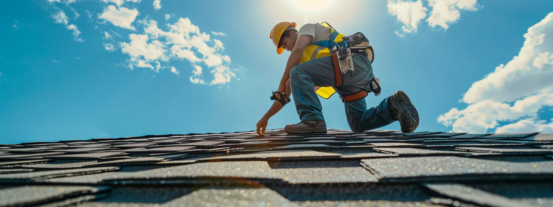 a skilled roofer carefully inspecting the asphalt shingle roof under the bright sun in cape coral, fl.