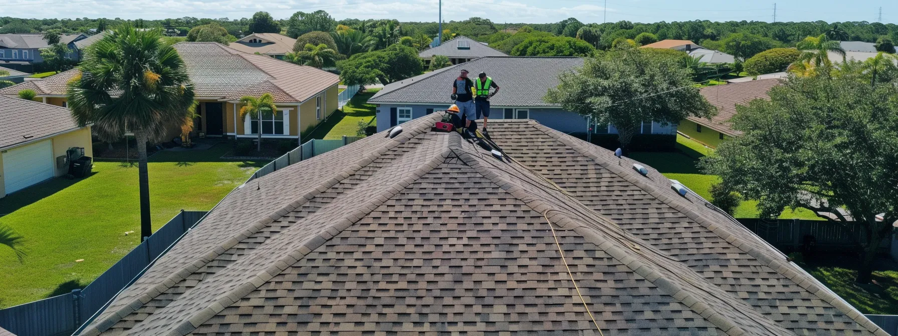 a team of experienced roofers diligently inspecting and cleaning a well-maintained roof in cape coral, fl.