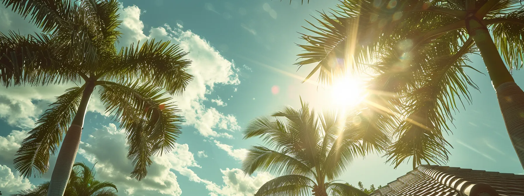 a team of expert roofers in cape coral, fl, skillfully installing durable epdm roofing under the blazing sun amidst palm trees swaying in the tropical breeze.